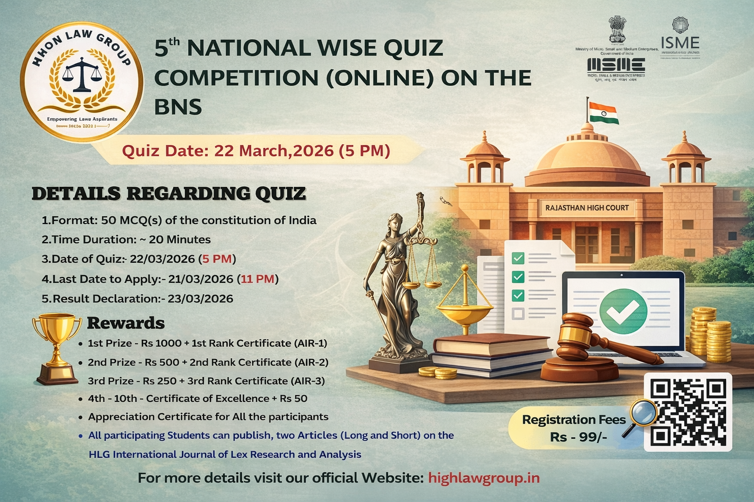 Poster of 5th National Wise Quiz Competition (Online) on BNS by High Law Group scheduled on 22 March 2026 with rewards and registration details.